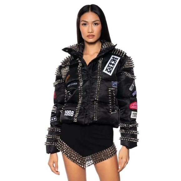 ACDC SPIKED PATCH PUFFER COAT IN BLACK NWT - Picture 16 of 16